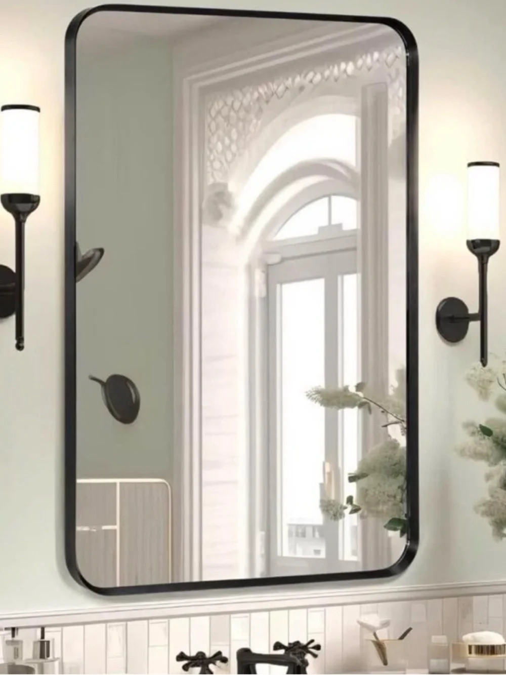 Sleek Mosern Black Metal Framed Rectangle Bathroom Vanity Wall Mirror
